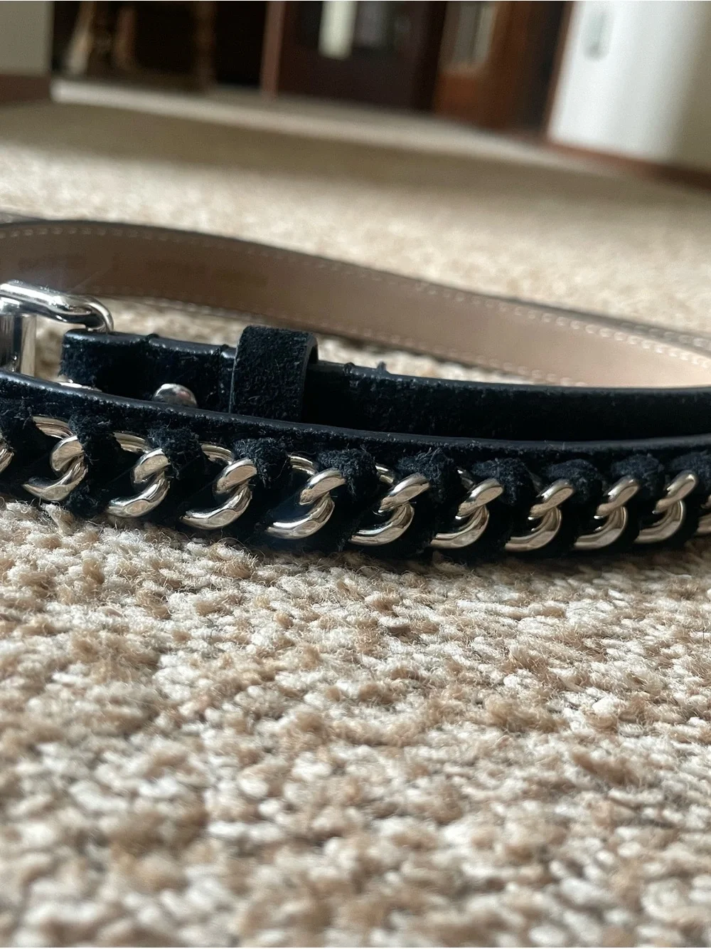 Rebecca Minkoff Black Suede Belt with Silver Chain Trim